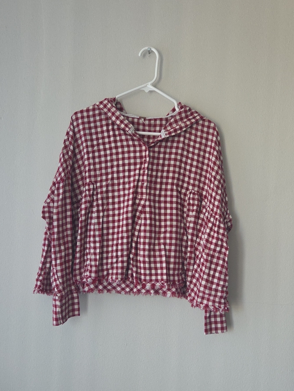 Free People Red Gingham Button Hoodie Top